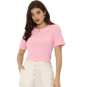 INSPIRE CHIC Women's Floral Jacquard Puff Short Sleeve Peter Pan Collar Blouse - 1 of 4