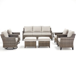 Buenhomino High Back Patio Furniture Set with Thick Cushion, 8-Piece Outdoor Conversation Set with Sofa, Swivel Rocker Chairs, Glass Table & Ottomans - 1 of 4