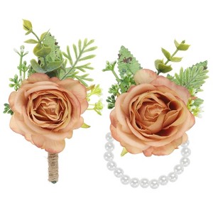 Unique Bargains Fabric Artificial Wedding Rose Flowers Wrist Corsage and Boutonnieres 2 Pcs - 1 of 4