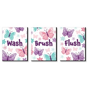 Big Dot of Happiness Beautiful Butterfly - Floral Kids Bathroom Rules Wall Art - 7.5 x 10 inches - Set of 3 Signs - Wash, Brush, Flush - 1 of 4