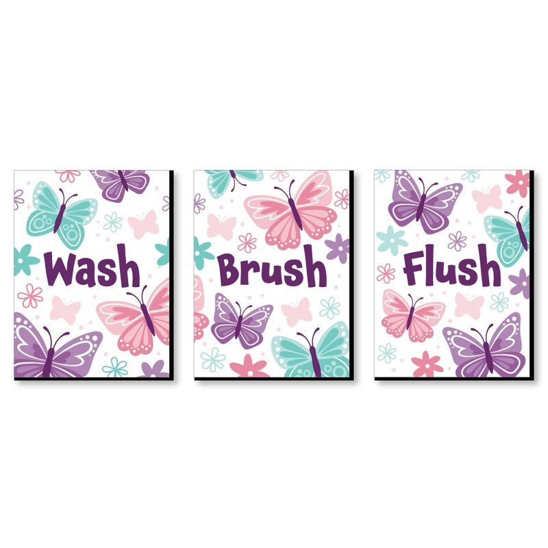Big Dot of Happiness Beautiful Butterfly - Floral Kids Bathroom Rules Wall Art - 7.5 x 10 inches - Set of 3 Signs - Wash, Brush, Flush, 1 of 8