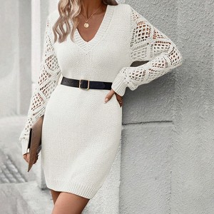 Women's Long Sleeve Crochet Hollow Sweater Dress V Neck Mini Fitted Knit Dress Dressy Casual Wedding Guest Dresses White L - 1 of 4