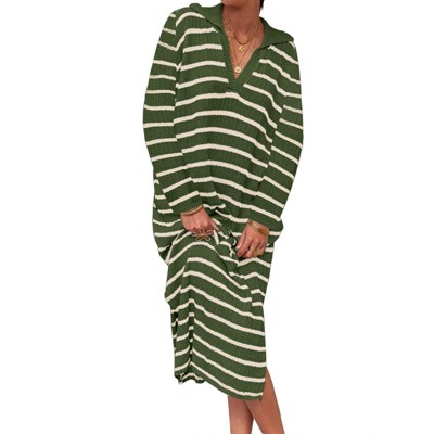 Womens Striped Sweater Dress Fall Chunky Knit V Neck Collared Long Sleeve Sexy Slit Loose Midi Dresses