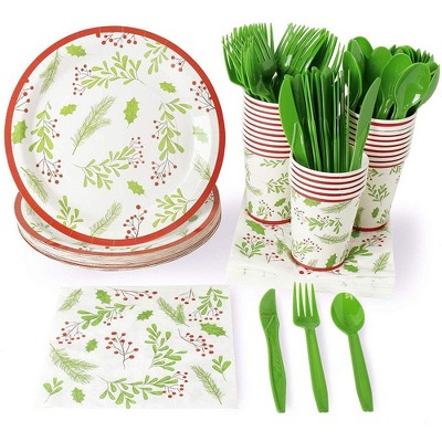Juvale Serves 24 Christmas Party Supplies, 144PCS Plates Napkins Cups, Holly Berry and Leaves Design Favors Decorations Disposable Paper Set