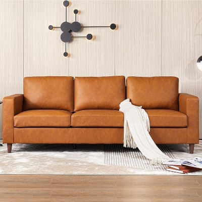 Brown Leather Sofa, 83" Mid-Century Modern Couch, 3-Seater Sofa with Armrests and Comfy Cushions, Pu Deep Seat Sofas for Living Room, Bedroom, Office