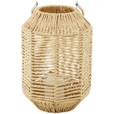 12'' x 7'' Paper Candle Lantern with Glass Holder and Handle Brown - Storied Home