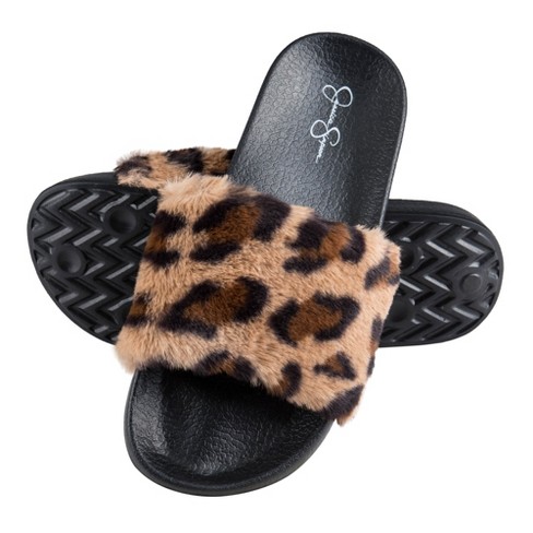 Jessica Simpson Womens Fuzzy Open Toe Slide Slipper Leopard Extra Large