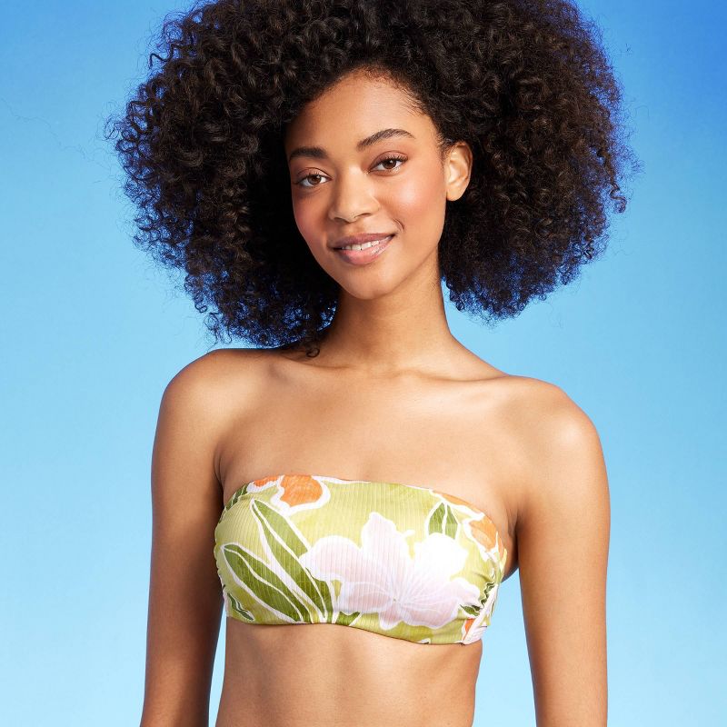 Women's Ribbed Hidden Underwire Bandeau Bikini Top - Shade & Shore™ Lime Green Floral Print, 4 of 11