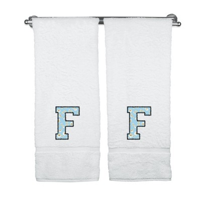 BC BARE COTTON Monogrammed Towels, Personalized Gift, Set of 2 - Embroidered Writing with Light Blue