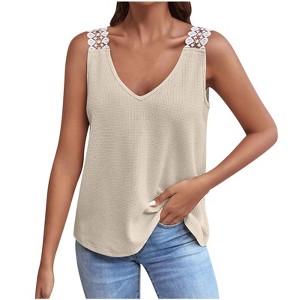 Women's Casual Lace Strap Waffle Knit Tank V-Neck Sleeveless Top Lace-Trimmed T-Shirt for Summer - 1 of 4