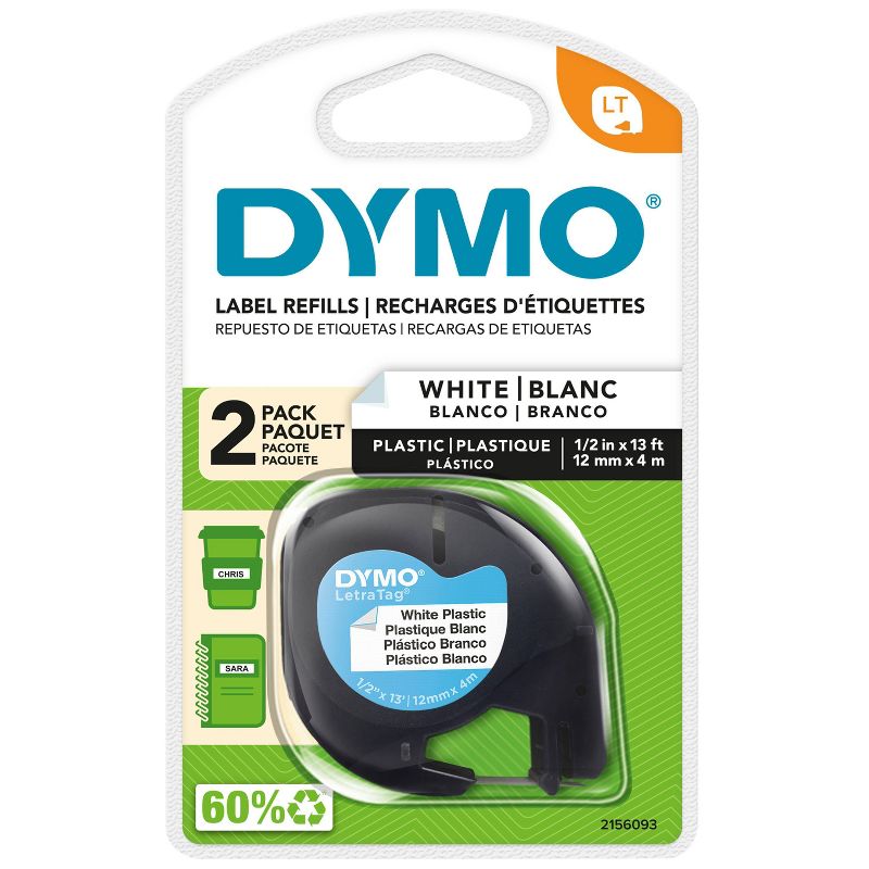 DYMO LetraTag 2pk Label Tape Cassette Black on White Plastic, 1 of 9