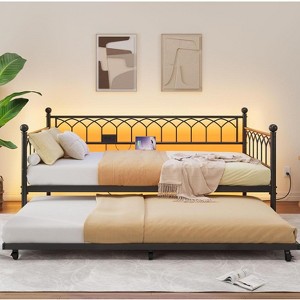 Twin Daybed with Trundle, Featuring Charging Station & LED Lights, Metal Frame Sofa Bed for Living Room, Bedroom, Guest Room. - 1 of 4