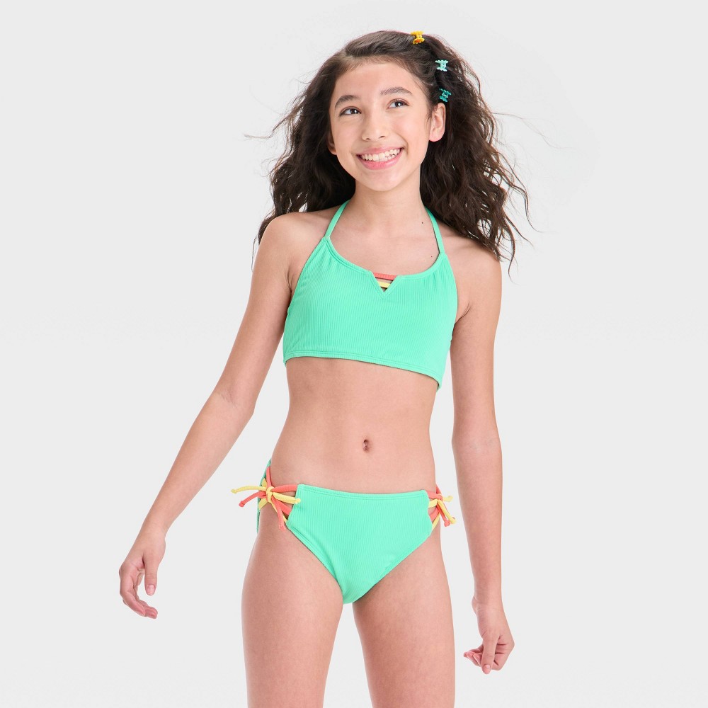 Photos - Swimwear Girls' Ride The Wave Solid Bikini Set - art class™ Turquoise Green S