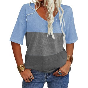Imily Bela Women's Fashion V-Neck T-Shirt with Short Sleeves and Color-Block Basic Top - 1 of 3