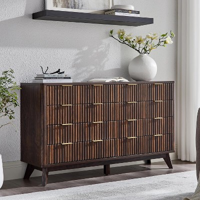 SinCiDo 54" Fluted Modern 8 Drawer Dresser, TV Stand Chest w/Faux Marble Top, Wood Drawer Organizer for Bedroom, Living Room, Hallway, Dark Walnut