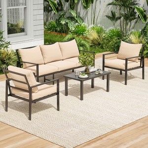 Maggift Patio Seating Set with 2 Single Sofas, 3 Seater Sofa and Coffee Table for Garden, Backyard, Balcony, Beige, 27.56"*27.56"*32.09" - 1 of 4