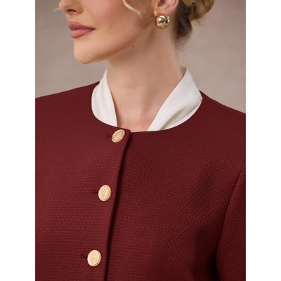 INSPIRE CHIC Women's Tweed Collarless Button Down Cropped Long Sleeve Office Work Jacket Blazer Large Dark Red — фото 4
