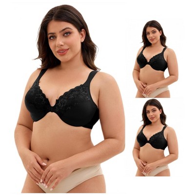 INSPIRE CHIC 3 Pcs Women's Front Closure Lace Trim Underwire Adjustable Straps Plunge Bras