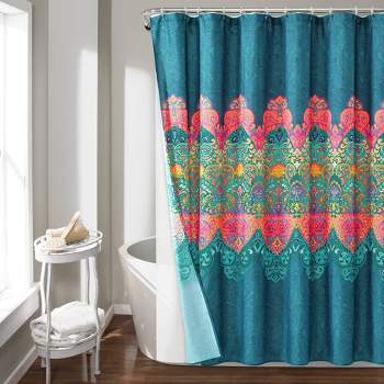 14pc Boho Chic Shower Curtain with Peva Lining and Rings Set Navy - Lush Décor