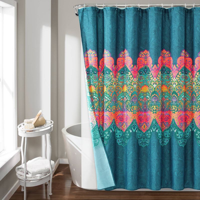14pc Boho Chic Shower Curtain with Peva Lining and Rings Set Navy - Lush D&#233;cor, 1 of 10