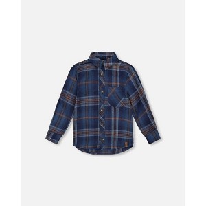 Deux par Deux Boy Long Sleeve Flannel Shirt Blue and Brown Plaid - 1 of 4