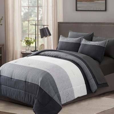 Der Rose BALHAM TRADE-Queen Size Striped Comforter Set 7 Piece Bed in a Bag Boho Black Grey Striped Navy Blue Queen 90"x90" — фото 3