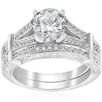 Pompeii3 1 1/2ct Diamond Vintage Engagement Matching Wedding Ring Set 14k White Gold