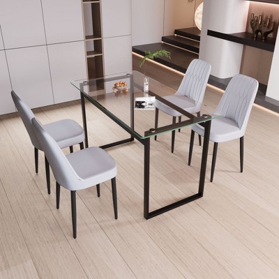 NicBex Dining Table for 4 Modern Kitchen Table Chairs Set with Glass Tabletop and 4 Thick Cushion PU Chairs for Kitchen
