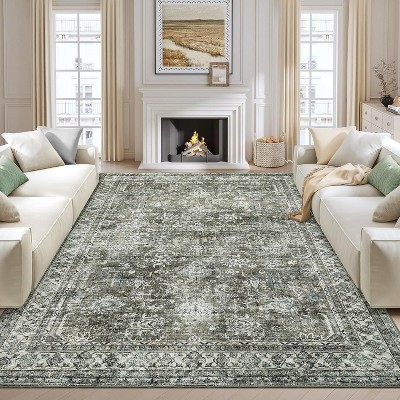 Washable Area Rug - Low Pile, Non-Slip, Floral Boho Design, Soft Faux Wool, Durable & Easy Care,9*12ft, Green