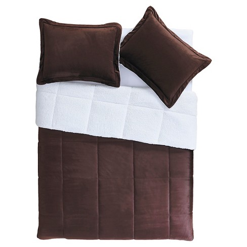 Chocolate Brown Micro Mink Sherpa Reversible Comforter Set 3 Piece