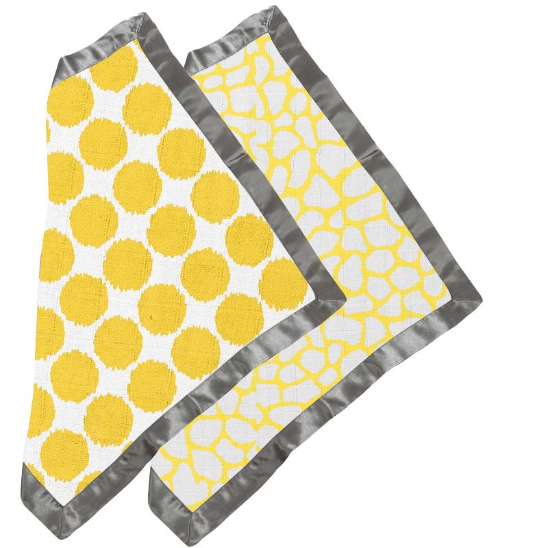 Bacati - Ikat Yellow/Gray Dots/Giraffe Muslin 2 pc Security Blankets, 2 of 10
