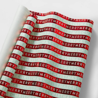 30in 20 sq ft Merry Christmas Stripe Kraft Gift Wrap Red/Mint - Wondershop™