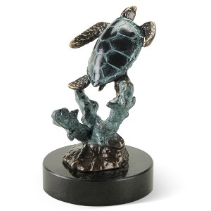 SPI Home Solo Sea Turtle with Coral – Handcrafted Coastal Brass Figurine, Ocean Life Accent for Shelf or Desk, 5" Marine Décor - 1 of 3