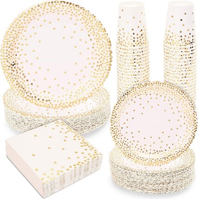 Sparkle and Bash Dinnerware Set, Gold Foil Dots (200 Pieces, Serves 50)