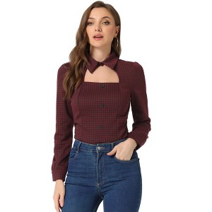 Allegra K Women's Choker Neck Houndstooth Print Long Sleeve Gothic Cutout Top - 1 of 4