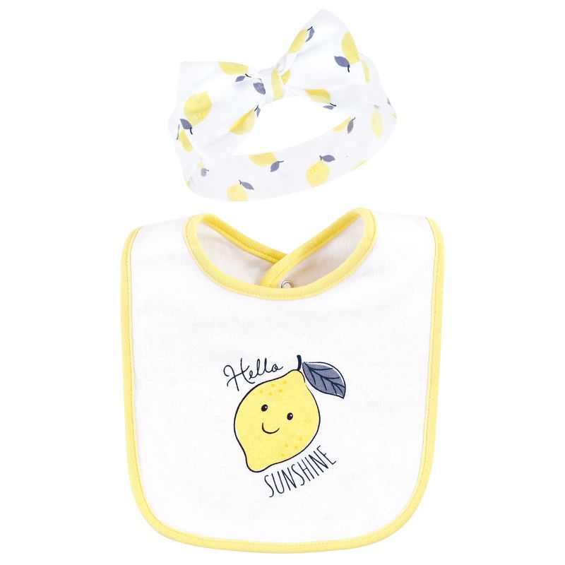 Hudson Baby Infant Girl Cotton Bib and Headband or Caps Set, Navy Lemon, One Size, 4 of 7