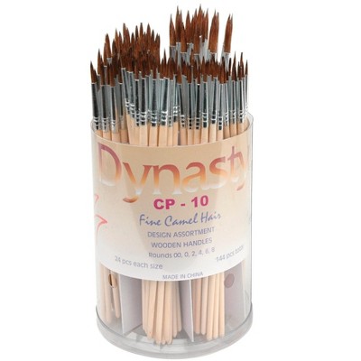 Dynasty CP-10 Fine Round Camel Hair Wood Handle Paint Brush Assortment, Assorted Size, Tan, Set of 144