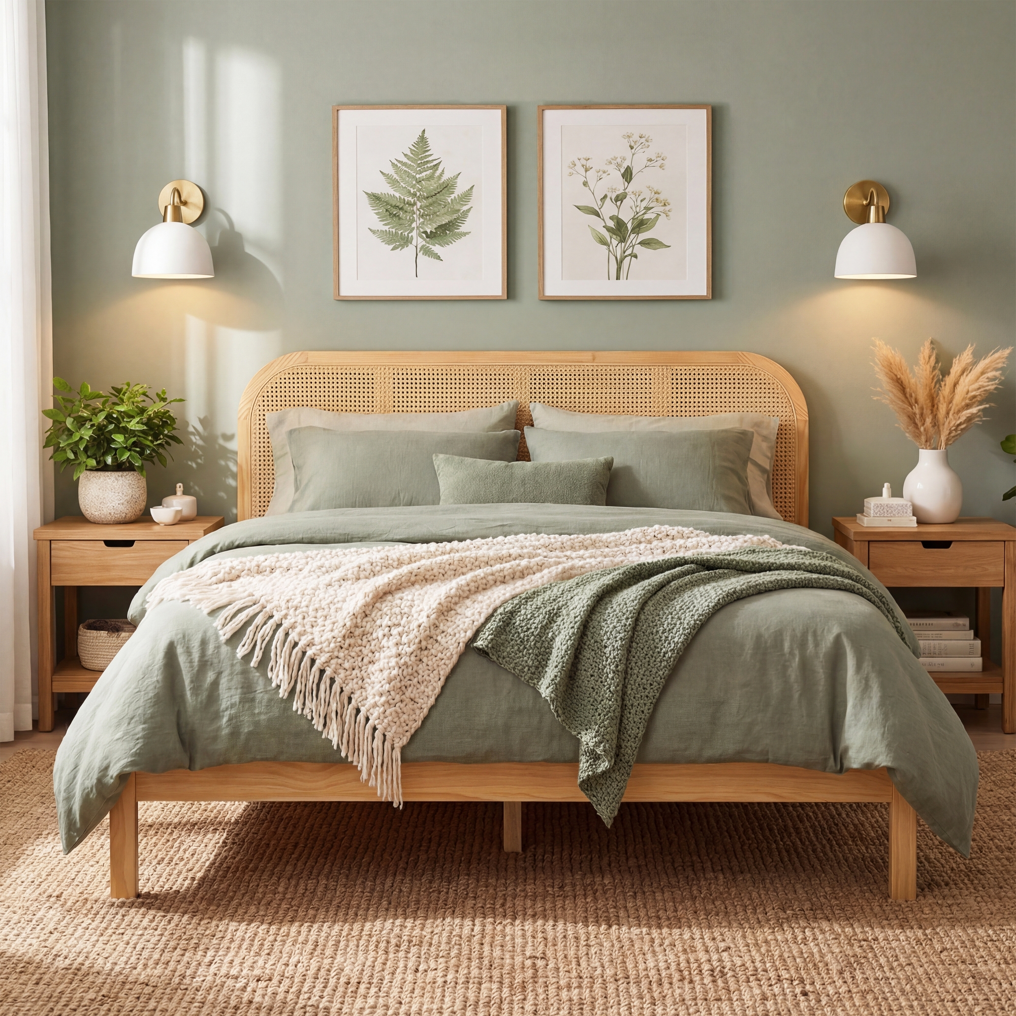Christopher Knight Home Callahan Modern Boho Wood Platform Bed Frame with Rattan Headboard, Natural, Queen Size