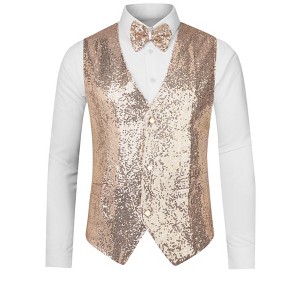 Lars Amadeus Men's Sequin Shiny Slim Fit Sleeveless Suit Waistcoat Set with Bow Tie - 1 of 4