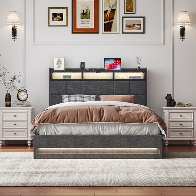 VECELO Full/Queen Size Upholstered Lift Up Storage Bed, Metal Frame Platform Bed with Lighted Headboard, USB Ports and Shelves, Gray
