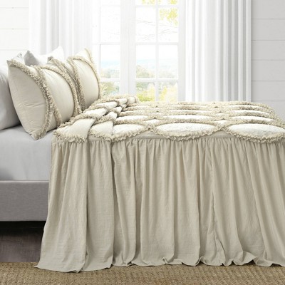 Elegant Neutral King Bedspread Set with Ruffled Ribbon Embroidery