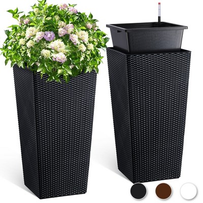 Tall Rattan Planter Set of 2 Large Flower Pot with Water Level Monitor & Wheels Outdoor and Indoor for Patio, Porch, Living Room, or Home Office