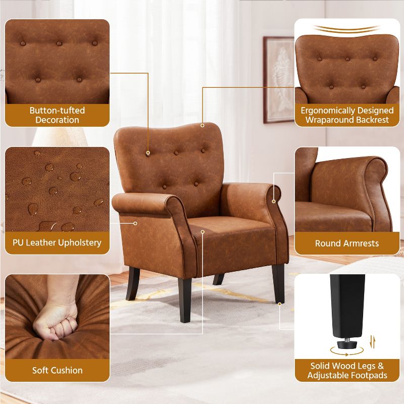 Yaheetech Mid-century Modern Faux Leather Accent Chair Armchair, Retro Brown, 4 of 8