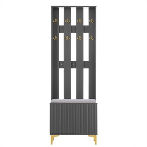 Vynxaria Hall Trees: 70.8-Inch Modern Luxury 4-in-1 Gray Entryway Bench with Gold Hooks and Fluted Doors - 1 of 4