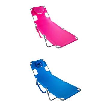 Ostrich Chaise Lounge Lightweight Portable Folding Rust Resistant Quick Dry Sunbathing Poolside Beach Chair with Carrying Strap & Pillow, Pink & Blue