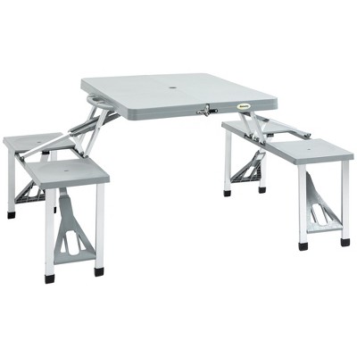 Outsunny Portable Foldable Camping Picnic Table Set with Four Chairs and Umbrella Hole, 4-Seats Aluminum Fold Up Travel Picnic Table