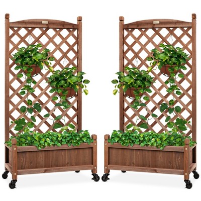 Best Choice Products Set of 2 48in Wood Planter Box & Diamond Lattice Trellis, w/ Drainage, Optional Wheels - Walnut