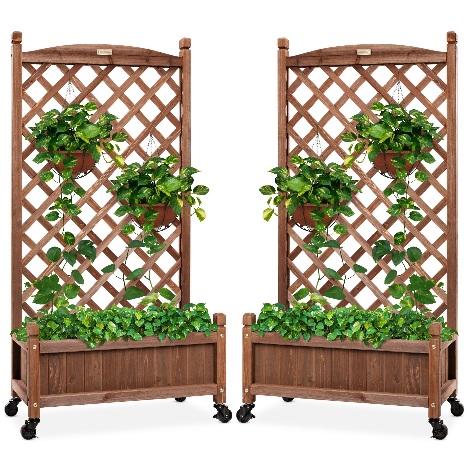 Best Choice Products Set of 2 48in Wood Planter Box & Diamond Lattice Trellis, w/ Drainage, Optional Wheels - Walnut