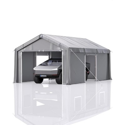 13'x20' heavy-duty portable carport with 1.0 mm steel poles, 180 g PE waterproof canopy; features front, rear, and 2 side doors for trucks and boats.