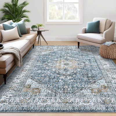 Acekool 9x12 Washable Area Rug, Soft Non-Slip Oriental Medallion Carpet, No Shedding Large Floor Mat for Living Room Bedroom Dining Room, Grey
